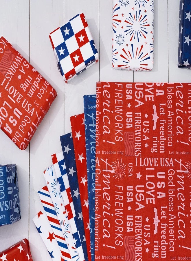 وولاين ورق تغليف مناديل مزخرف بألوان العلم الأمريكي، أزرق وأحمر وأبيض ونجوم وخطوط، من والين، 120 قطعة، مثالي لتغليف الهدايا وتزيين حفلات عيد الاستقلال، مقاس 14 × 20 بوصة. - Image 3